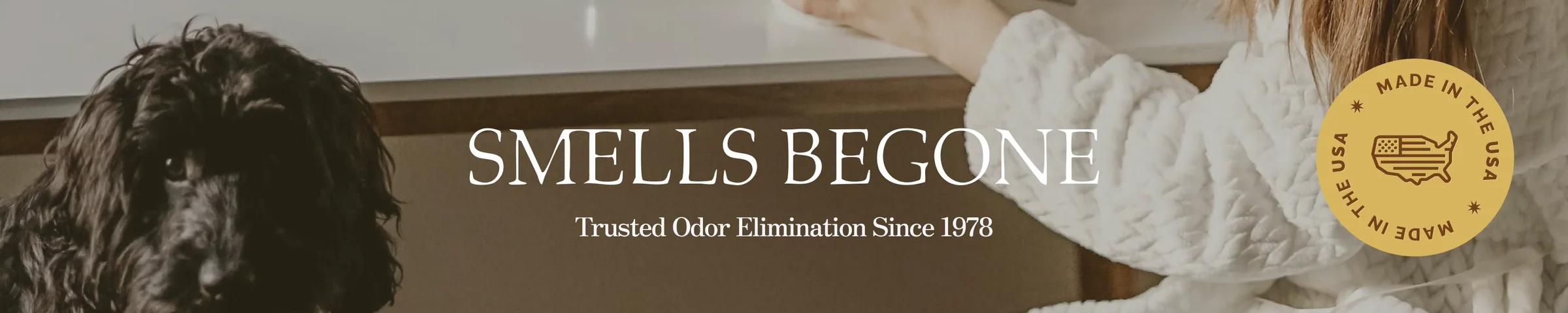 SMELLS BEGONE — trusted odor elimination since 1978, made in the USA
